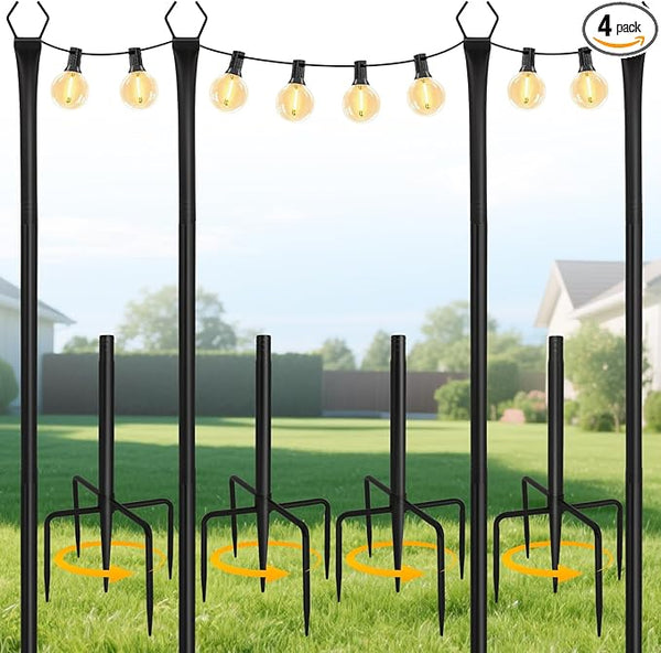 Breeze Touch 4 Pack Reinforced String Light Poles for Outside, 10 Ft Metal Poles with Fork for Outdoor String | Lumora