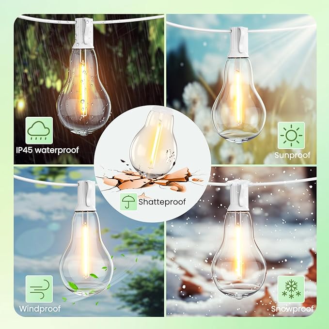 Outdoor String Lights, 100FT LED Patio String Light, String Lights for Outside with 53 LED Bulbs (3 Spare), White | Lumora