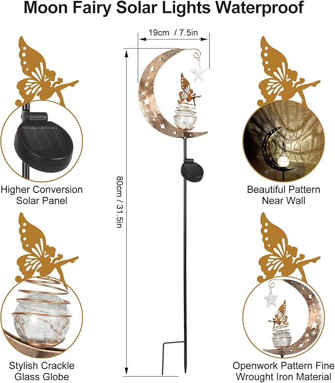 Solar Lights Outdoor Garden,Moon Fairy Solar Light, Decorations Crackle Glass Globe with Angel Pathway Stake Light, Waterproof Lights for Pathway Lawn Patio, Black