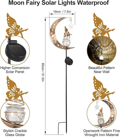 Solar Lights Outdoor Garden,Moon Fairy Solar Light, Decorations Crackle Glass Globe with Angel Pathway Stake Light, Waterproof Lights for Pathway Lawn Patio, Black