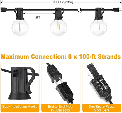 Bosceos 300ft (100ft*3) Outdoor G40 LED Globe String Lights Dimmable Waterproof Shatterproof Light Strings Connectable Commercial Hanging Lights for Christmas Patio House Backyard Balcony Party