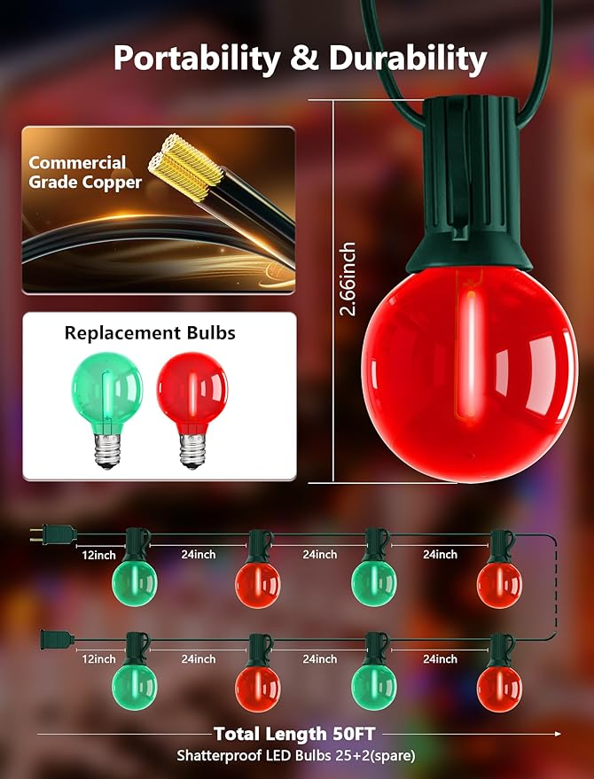 50Ft Red and Green Christmas Lights Outdoor, G40 Globe Patio String Lights with 27 LED Red and Green LED Bulbs(2 | Lumora