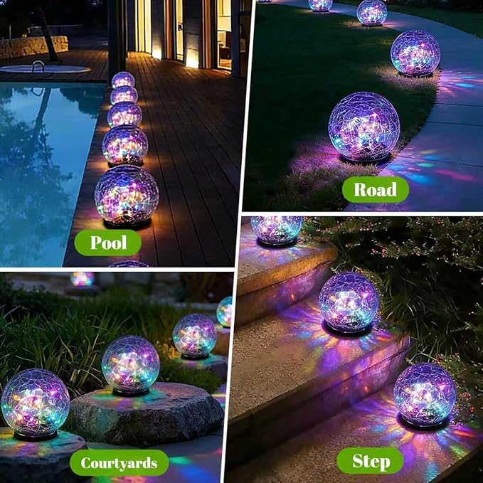 2 Pack Solar Path Lights Outdoor, Cracked Glass Globe with Light Control, IP67 Waterproof Solar Garden Lights, Warm Yellow & 4-Color LED Ball Lights for Yard, Patio, Lawn & Holiday Decor (Multicolor)