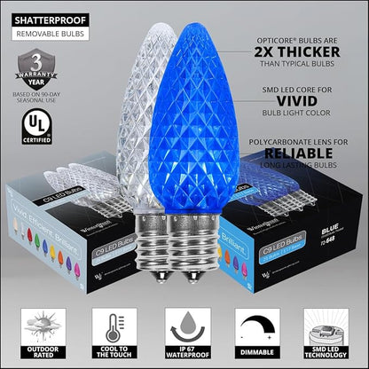 Wintergreen Lighting OptiCore 50 Lights, 50 ft Blue/Cool White C9 LED Christmas Lights Outdoor – Commercial-Grade, Parallel Wired, Customizable, Energy Efficient, 18 Gauge, IP67