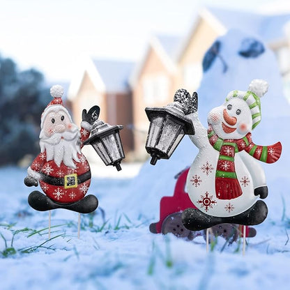 2pk Solar Garden Lights Christmas Decorations Metal Yard Signs Snowman and Santa Mixed Set for Christmas Newy Year Yard Garden Decor