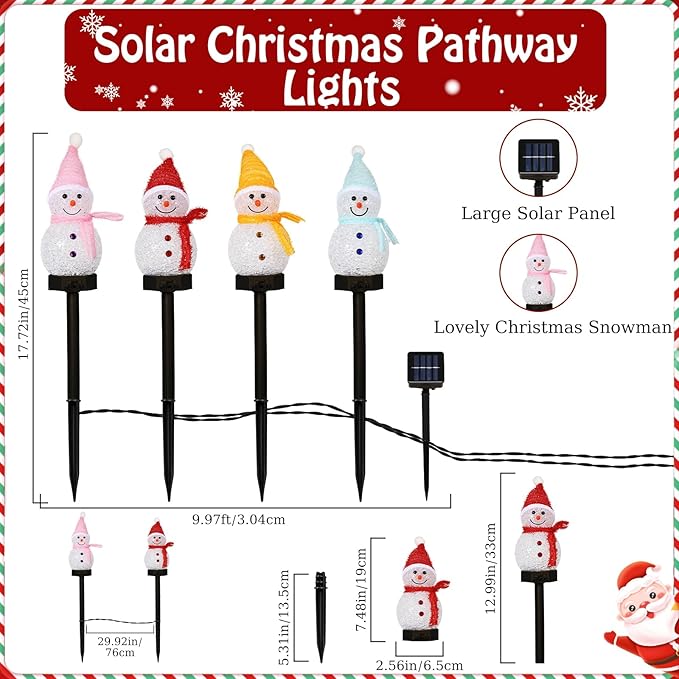 Lewondr Snowman Christmas Decorations Lights, 4PCS Solar Lighted Snowman with Garden Stakes, Waterproof Garden Lawn Pathway with 8 Lighting Modes, Solar Christmas Lights Decor for Yard Outdoor