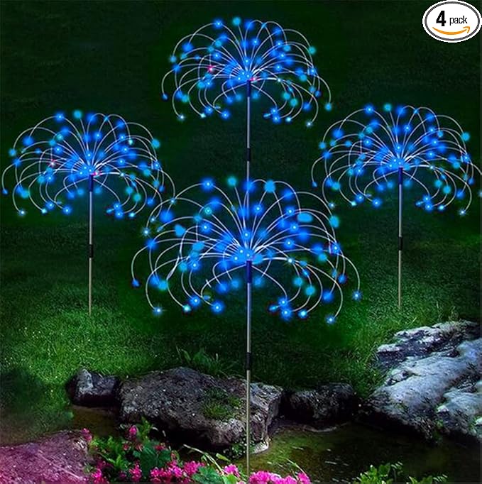4 Pack Outdoor Solar Lights, Solar Garden Lights Bigger Firework Fairy Lights, Waterproof Outdoor Lights - Bigger Solar Panel for Garden Patio Yard Pathway (Fireworks Light-Blue)