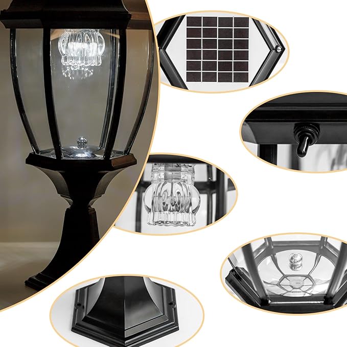 Kendal Solar Post Lights Outdoor, Waterproof Fence Solar Powered Pillar LED Light, Solar Deck Post Lights Decorations Porch Railing Patio with Clear Glass Hexagonal Base (Black)