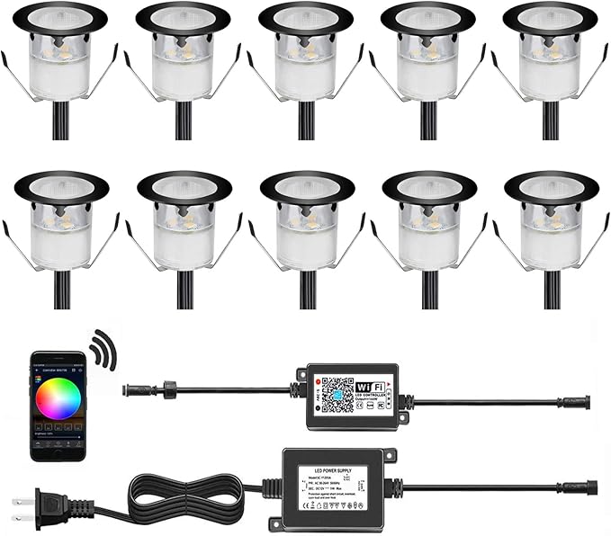 WiFi Controlled LED Deck Lights Multi Color RGB Outdoor IP67 Waterproof Φ1.18 Low Voltage Step In-Ground Lights,Smart Phone APP Controlled,Compatible with Alexa Echo and Google Home(10Pcs)