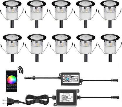 WiFi Controlled LED Deck Lights Multi Color RGB Outdoor IP67 Waterproof Φ1.18 Low Voltage Step In-Ground Lights,Smart Phone APP Controlled,Compatible with Alexa Echo and Google Home(10Pcs)