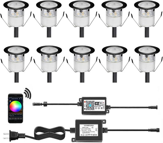 WiFi Controlled LED Deck Lights Multi Color RGB Outdoor IP67 Waterproof Φ1.18 Low Voltage Step In-Ground Lights,Smart Phone APP Controlled,Compatible with Alexa Echo and Google Home(10Pcs)
