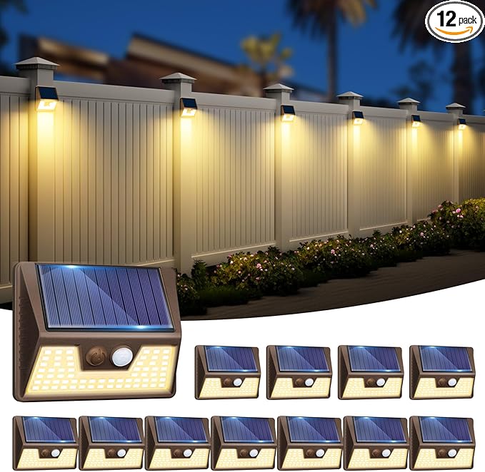 12 Pack Solar Motion Lights for Outside, Waterproof Fence Lights Outdoor, Warm White LED Wall Lights Wireless for | Lumora