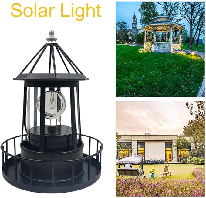 CALIDAKA LED Solar Powered Lighthouse 360 Degree Rotating Lighthouse Landscape IP65 Waterproof Durable Rotatable Outdoor Solar Light Lamp Hanging for Home Garden Yard Decor