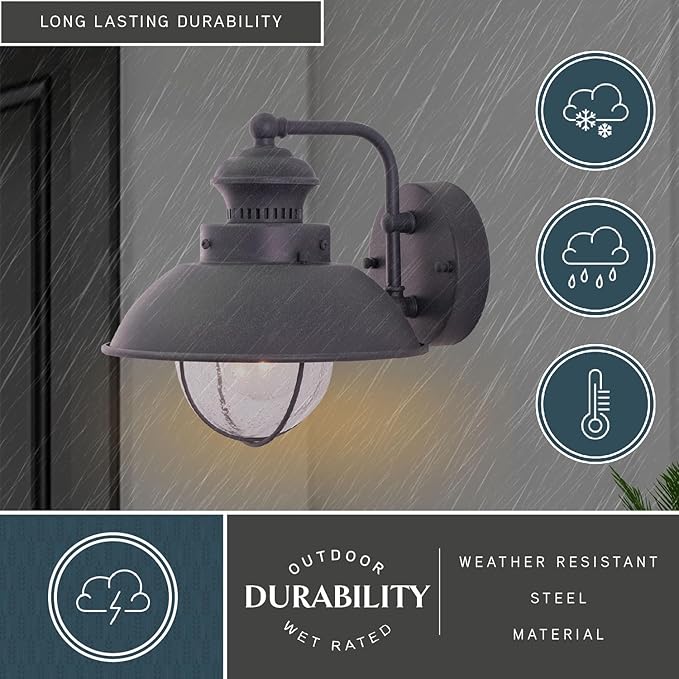 VAXCEL Harwich 8 in. H 1-Light Textured Gray Coastal Outdoor Wall Sconce Made of Durable Steel, Clear Seeded Glass Shade, LED Compatible, Use for Exterior Porch Patio Front Door or Garage