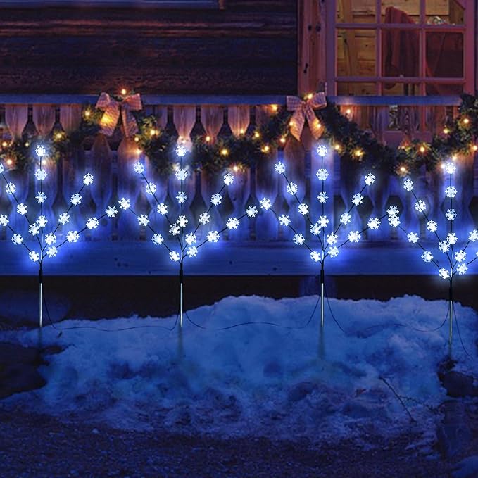 Solar Christmas Pathway Lights for Outside, 4 Pack Artificial Tree Snowflake Stake Lights, Waterproof Christmas Decorations for Yard Garden Patio Party Winter Decor (Multi-Colored)