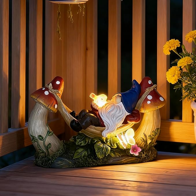 Solar-Powered Garden Gnome Statue - Mushroom LED Light Outdoor Lawn Ornament, Waterproof Resin Sculpture,Weather-Resistant Cute Figurine, Perfect for Yard, Garden Path, Patio Lighting Decor (Red)