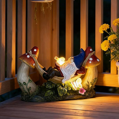 Solar-Powered Garden Gnome Statue - Mushroom LED Light Outdoor Lawn Ornament, Waterproof Resin Sculpture,Weather-Resistant Cute Figurine, Perfect for Yard, Garden Path, Patio Lighting Decor (Red)