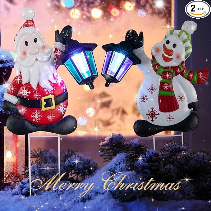 2pk Solar Garden Lights Christmas Decorations Metal Yard Signs Snowman and Santa Mixed Set for Christmas Newy Year Yard Garden Decor