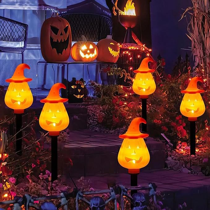Halloween Pumpkin Pathway Lights,Solar Halloween Pumpkin Stakes - Ground Insert Adjustable Display Stand Garden Decorations for Pathway Lawn Yard Porch Outside Grave