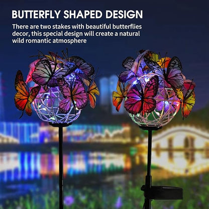 2Pcs Solar Outdoor Abs Metal Gradient Butterfly Shaped Led Solar Pathway Lights Auto Sensor Landscape Lighting for Lawn Walkway Yard