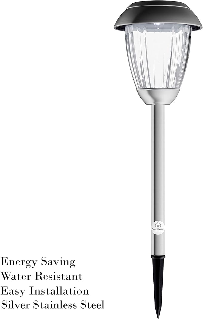 Solar Path Lights, Set of 8-16” Tall Stainless Steel Outdoor Stake Lighting for Garden, Landscape, Yard, Driveway, Walkway by Pure Garden (Gunmetal)