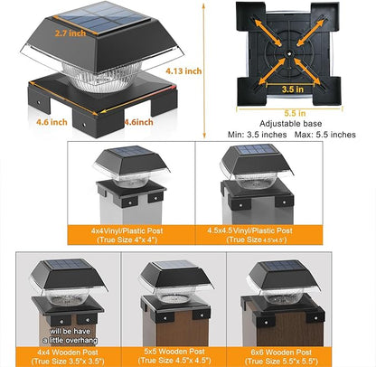 Solar Post Cap Light Outdoor, IP65 Waterproof Black Deck Post Lights for 4x4 Wood/Vinyl, Fence Posts Solar Lights with 2 Color Modes Decorate Backyard Garden Railing Mailbox Posts, 4 Pack