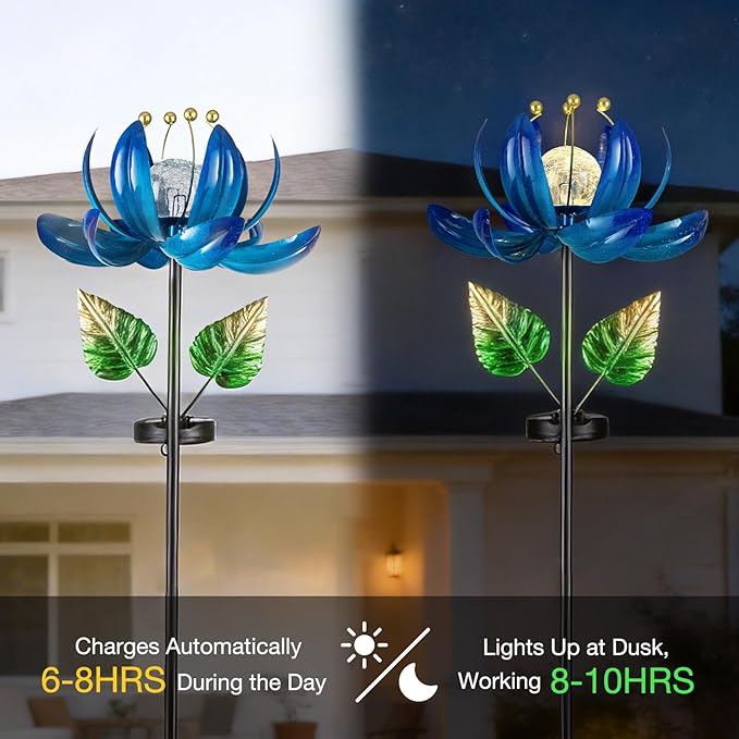 Solar Garden Lights Metal Flower Decor, Colorful Lotus Pathway Spinning Windmill with LED Cracked Crystal Ball Outdoor Decorative Stake Lighting Waterproof Flower Sculpture for Patio Yard