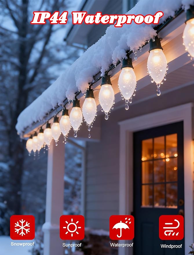 25ft Warm White Christmas Lights Outdoor,Frosted White Christmas Lights with 26 Incandescent Bulbs(1 Spare),Hanging Vintage Christmas Light for Patio Holidays Christmas Tree Decor