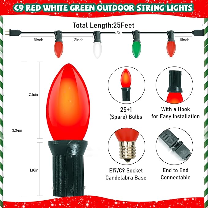 C9 Red Green White Christmas Lights, 25FT Multicolor Christmas Decorations String Lights with 26 Ceramics Bulbs | Lumora