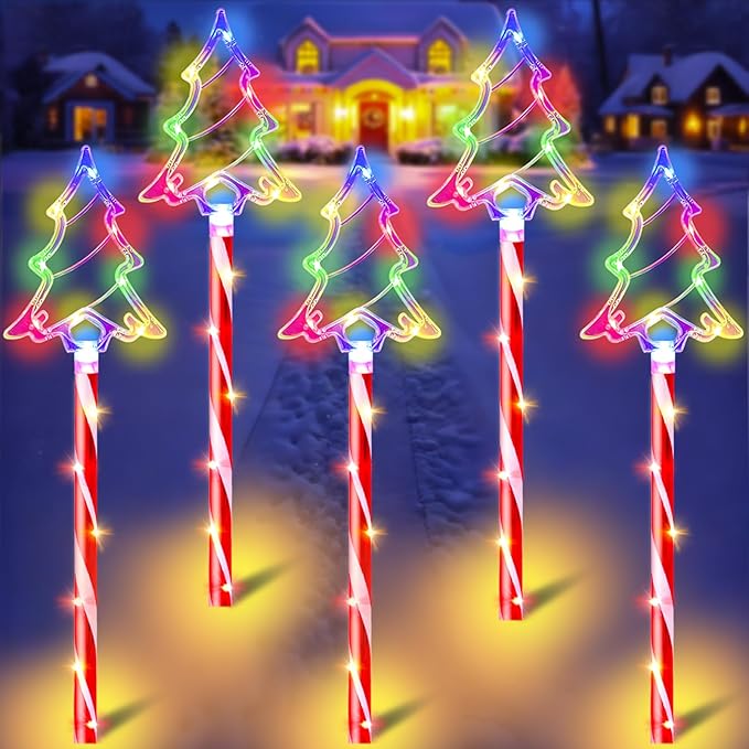 Christmas Pathway Lights Outdoor Decorations, 6/18H Timer 8 Modes, UL588 & IP65 Waterproof - Plug-in 4.5V LED Pathway Light (Not Solar) Pathway Lights Outdoor, Colorful Xmas for Walkway Decor 5 Pack