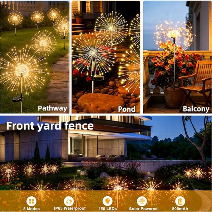 Solar Firework Lights for Outside, 150 LED 8 Modes Fireworks Solar Fairy Lights Outdoor Flowers for Garden Yard | Lumora