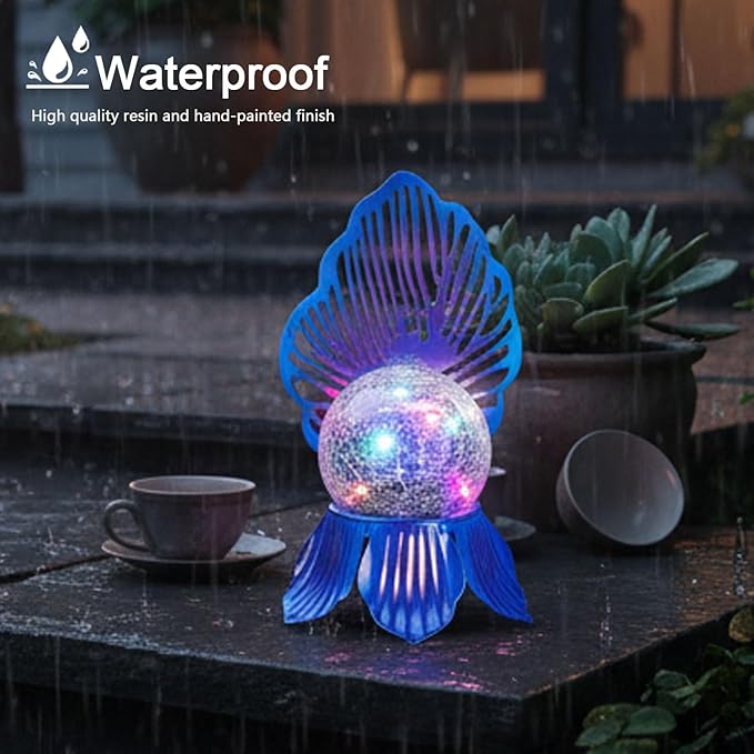 Solar Lights Outdoor Flower Garden Decor with Crackle Glass Globe Lights, Metal Flowers for Outside Yard Lawn Patio Porch Pathway Tabletop, Housewarming Gifts for Mom Women