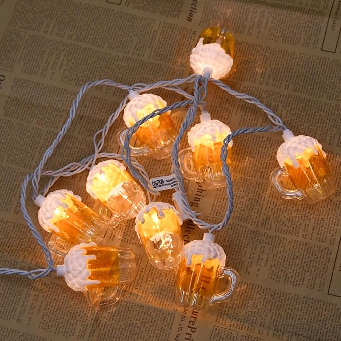 Beer Mug String Lights, 8.5Ft Tropical Beach Theme Outdoor Decorations Beer String Lights with 10 3D Beer Cup Lights, Plug in Beer Fairy Summer Patio Lights for Tropical Party Bar Bedroom Decor