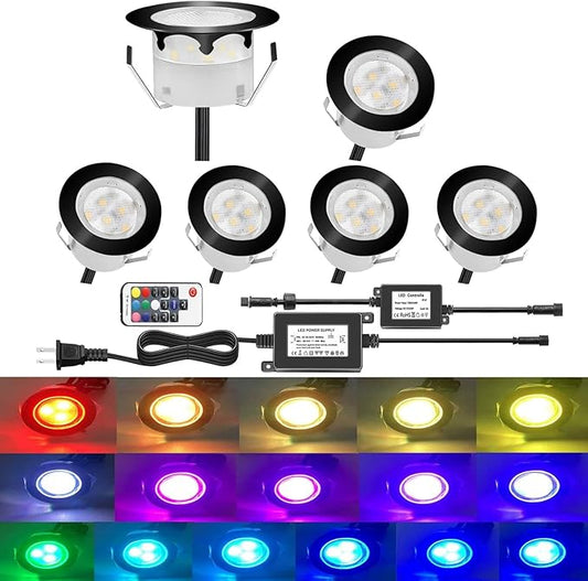 Outdoor Deck Lights Waterproof Multi Color RGB Stainless Steel Outdoor Decoration Lights for Yard Garden Recessed Wood Landscape Pathway Patio Step Stairs (6 Pack,Black Border)