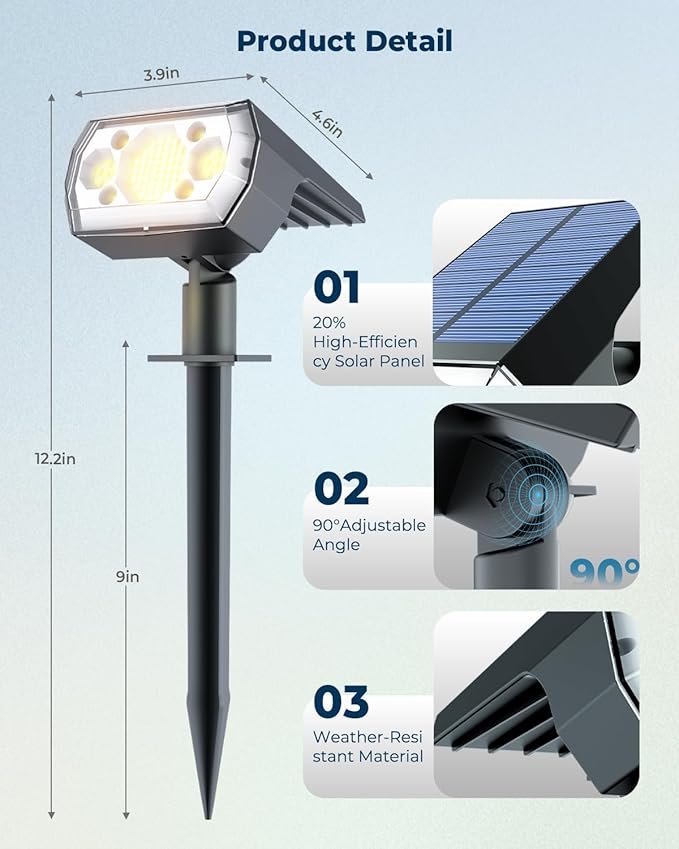 2 Packs Solar Spot Lights Outdoor, 64 LED 3000K Solar Lights Outdoor, IP67 Waterproof, Adjustable Brightness Dusk | Lumora