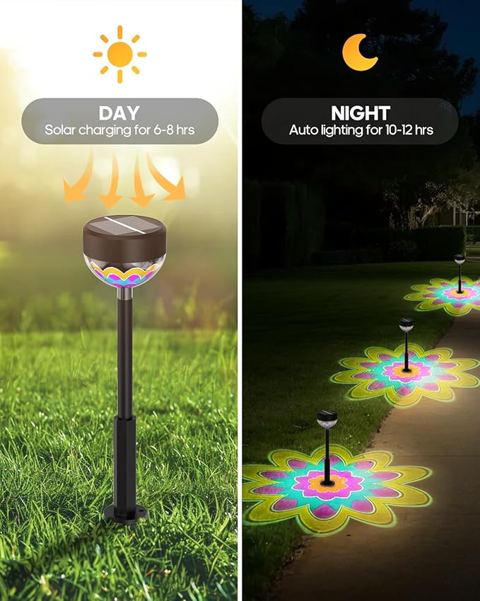Solar Pathway Lights Outdoor, 8 Pack 1200mAh Solar Powered Garden Lights, 2 Themes Flower & Christmas, Height-Adjustable, Waterproof LED Projection Lighting for Yard Walkway Driveway Patio Decor