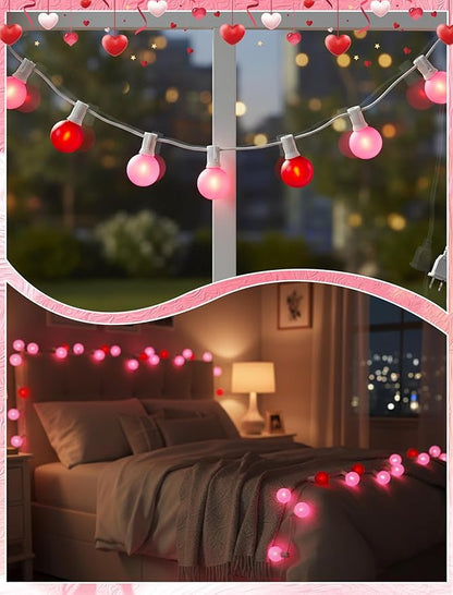 G40 LED Valentine’s Day String Lights, 25Ft Valentines Decorations Lights Outdoor with Frosted Red Pink Round Bulbs, Hanging Patio Lights Shatterproof for Indoor Home Decor Wedding Party, White Wire