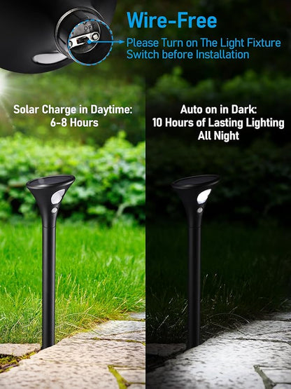 LEONLITE Pathway Lights Bundle Pathway Lights, 4-Pack LED Solar Powered Motion Sensor Pathway Lights, 6500K & 1-Pack 3CCT Solar Pendant Lights with Remote Control, Auto Dusk to Dawn, IP65, Black