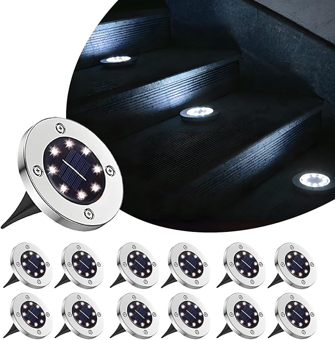 Solar Ground Lights Outdoor, IP65 Waterproof Landscape Lighting for Garden, Patio, Pathway, Lawn, Deck - 12 Pack, 6000K Cool White