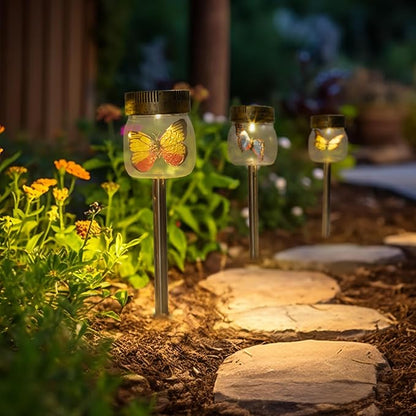 Crosslight Solar Butterfly Jar Stake Light | 3 Pack Waterproof Glass Outdoor Garden Décor | LED Decorative Light Fixture for Yard, Lawn, Backyard, Pathway | Solar Outdoor Lights Decorative
