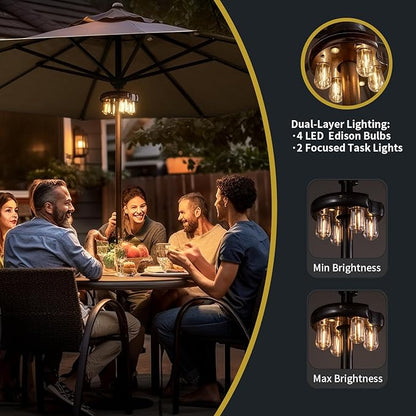 Patio Umbrella Light with Remote Control, Rechargeable Cordless LED Edison Bulbs Pole Light with 10 Brightness Levels for Garden, Patio, Backyard, Camping or BBQ - Brown (2 Pack)