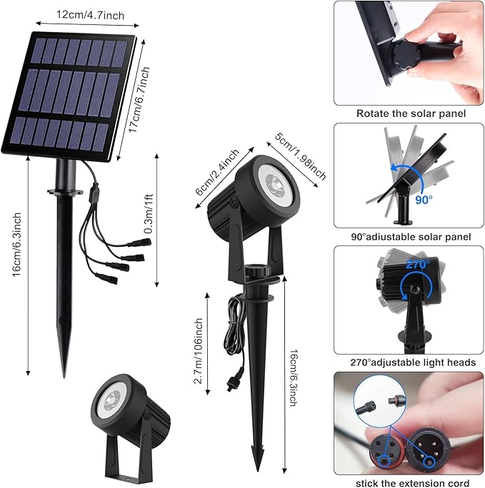 T-SUNUS Christmas Solar Garden Spotlight White Outdoor, 4-in-1 Spot Lights 6000K IP65 Waterproof 9.8ft Cable 5W | Lumora