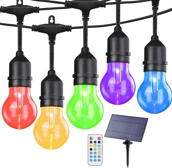 144FT Solar Outdoor String Lights, 45 Shatterproof E26 Edison LED Bulbs, IP65 Waterproof Dimmable RGB Color | Lumora