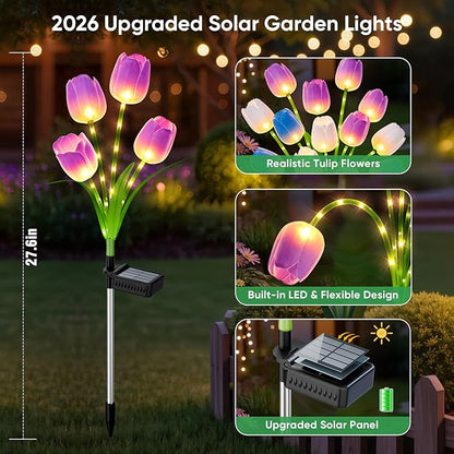 Solar Tulip Lights Outdoor: 3-Pack Solar Flower Garden Lights with Bendable Stems - IP65 Waterproof 800mAh for 12H Lighting - Auto On/Off Garden Decor - Gifts for Mom - Blue Purple White