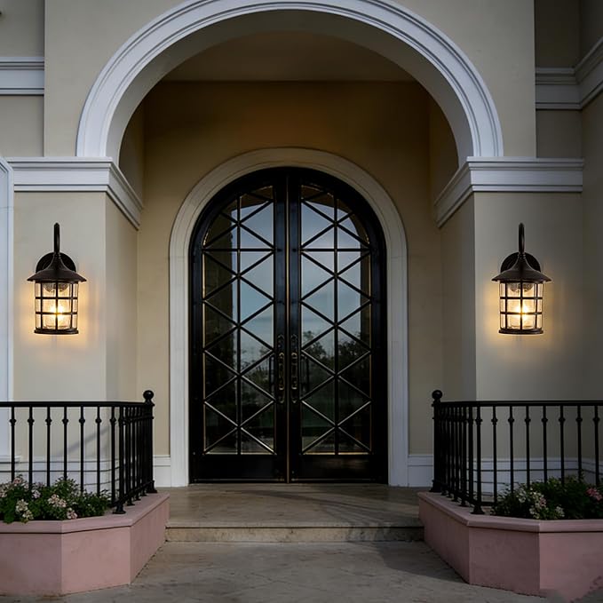 Outdoor Wall Light Fixture 2packs 9.9" Exterior Porch Lights Lantern Sconce with Seeded Glass Shade Wall Mount Outside Lights for Garage Front Door Pathways Balcony Patio Street Cafes