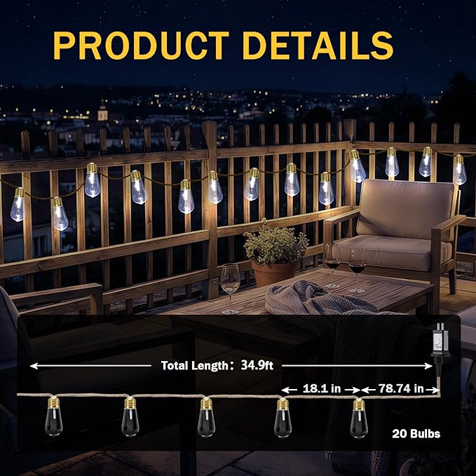 (New) Outdoor String Lights, 24FT 20 LED Bulbs Shatterproof Patio String Lights, IP65 Waterproof 8 Light Modes | Lumora