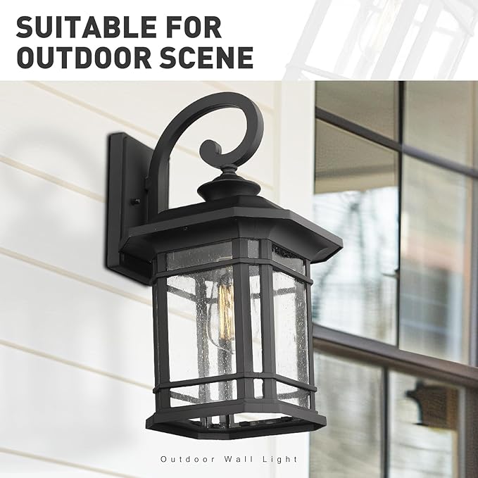Emliviar Outdoor Wall Lights for House, 1-Light Exterior Wall Sconce Black Finish with Clear Seeded Glass, 17" | Lumora