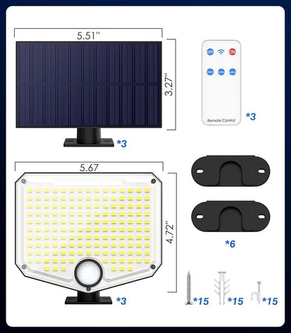 MoKo Motion Sensor Outdoor Lights - 222 LED Super Bright Solar Lights Outdoor with Remote Control & 16.4 Ft Cable 3000mah Waterproof Flood Lights Outdoor for Wall Patio Yard Garage Garden, 3 Pack