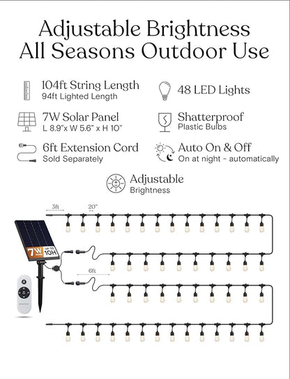 Brightech Solar String Lights with 48 Hanging Edison Bulbs and Brightness Controls with Remote 7W-104 3000K