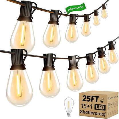 Outdoor String Lights, 25FT Patio Lights with 16 Shatterproof S11 Bulbs (1 Spare), IP65 Waterproof & Connectable, 2200K Warm White LED Hanging Lights for Cafe, Garden, Porch, Party Decor